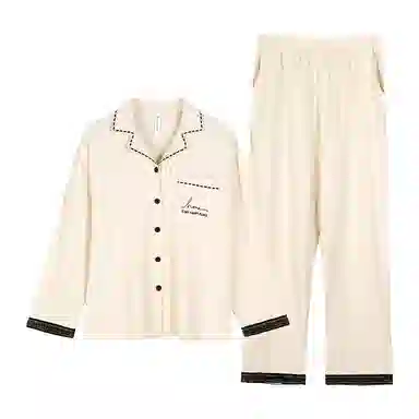 歌倩雅 时尚长袖翻领上衣纯色长裤睡衣套装 女款 米色