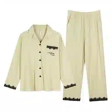 歌倩雅 纯色翻领单排扣上衣松紧腰长裤睡衣套装 女款 浅绿