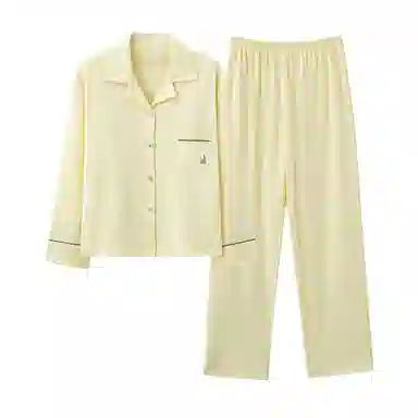 欧迪芬 简约单排扣翻领长袖上衣松紧腰直筒长裤睡衣套装 女款 淡黄色