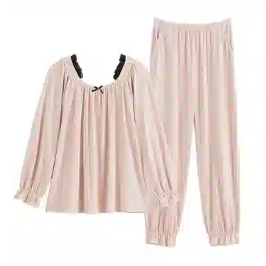 歌倩雅 纯色圆领设计气质时尚长袖上衣长裤睡衣套装 女款 粉红色