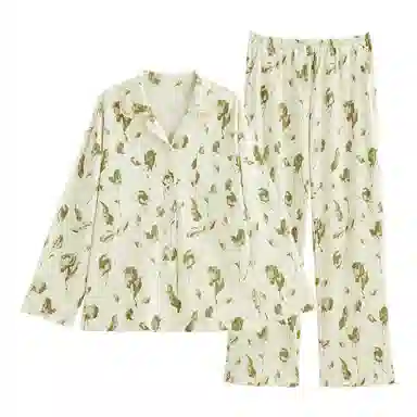 歌倩雅 翻领时尚休闲高级感长袖上衣长裤睡衣套装 女款 浅杏