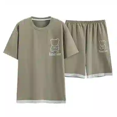 歌倩雅 圆领舒适短袖上衣柔软亲肤短裤睡衣套装 男款 灰绿