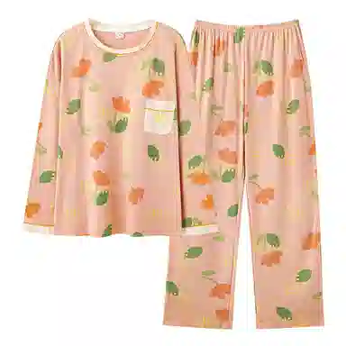 欧迪芬 高雅系列 可爱花朵印花图案带胸垫圆领套头上衣松紧腰长裤睡衣套装 女款 橘红色