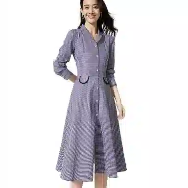 晚白 高腰翻领格纹连衣裙 女款 格子