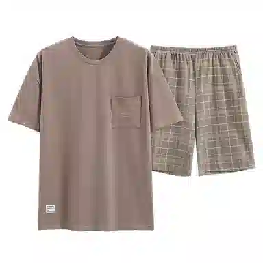 歌倩雅 休闲简约圆领短袖上衣格子五分短裤睡衣套装 男款 驼色