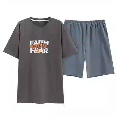 歌倩雅 字母印花圆领套头短袖上衣松紧腰短裤睡衣套装 男款 灰色