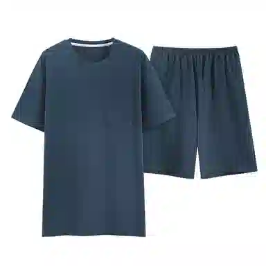 歌倩雅 圆领舒适短袖上衣松紧腰纯色短裤睡衣套装 男款 蓝色