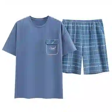 歌倩雅 纯色圆领短袖上衣格子松紧腰短裤睡衣套装 男款 蓝色