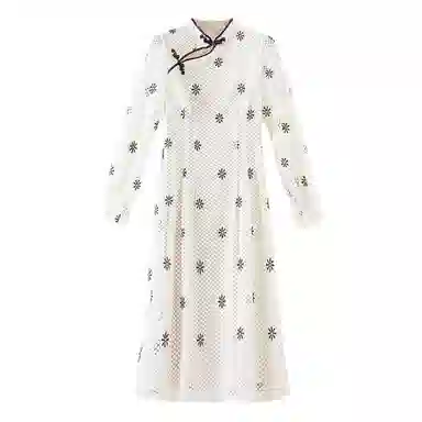 晚白 复古立领印花长袖连衣裙 女款 杏色