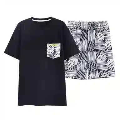 歌倩雅 圆领宽松上衣松紧腰短裤睡衣套装 男款 黑色