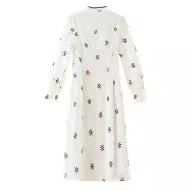 晚白 复古立领印花长袖连衣裙 女款 杏色