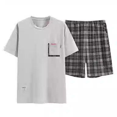 歌倩雅 休闲圆领套头短袖上衣松紧腰格子短裤睡衣套装 男款 灰色