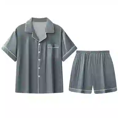 兰缪 简约凉感休闲可外穿短袖翻领上衣松紧腰短裤睡衣套装 男款 高级黑