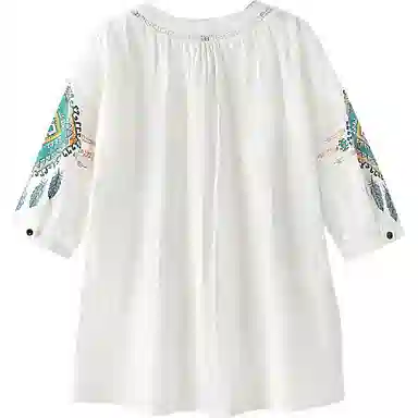 丝柏舍 镂空半开领撞色民族风图案宽松套头五分袖衬衫 女款 白色