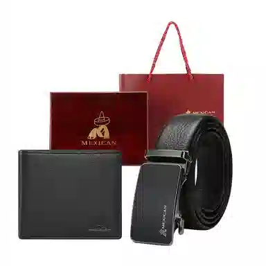 稻草人 纯色皮带礼盒质感实木礼盒钱包 牛皮 礼盒装 大号 男款 红色