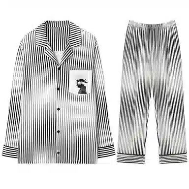 兰缪 条纹休闲宽松家居纽扣翻领睡衣套装 男款 灰白色
