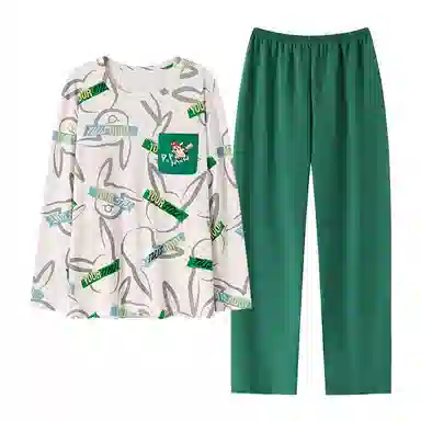 贴身领域 圆领简约上衣松紧腰卡通长裤睡衣套装 男款