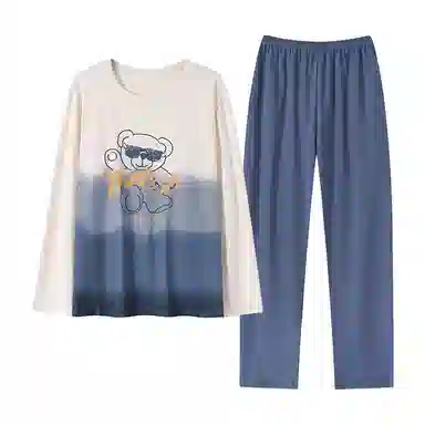 贴身领域 圆领简约上衣松紧腰卡通长裤睡衣套装 男款