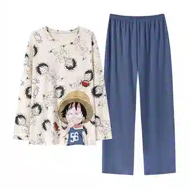 贴身领域 圆领简约上衣松紧腰卡通长裤睡衣套装 男款