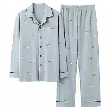 欧迪芬 简约字母印花单排扣长袖上衣松紧腰休闲长裤睡衣套装 男款 蓝色