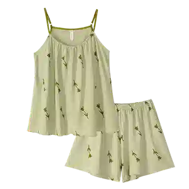 歌倩雅 圆领满印简约上衣透气凉感下衣睡衣套装 女款 绿色