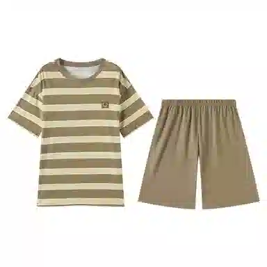 顶瓜瓜 简约条纹百搭透气柔软舒适可外穿短袖短裤睡衣套装 男款
