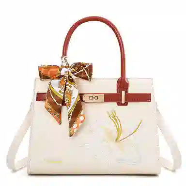 维尼奥 大气国风百合花刺绣小众大容量优雅妈妈 合成革 手提包单肩斜挎包 女款 米白色/杏色