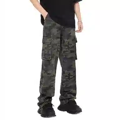 赞仕 美式复古迷彩工装拖地裤百搭高街宽松阔腿直筒加长版牛仔裤 男女同款 军绿色