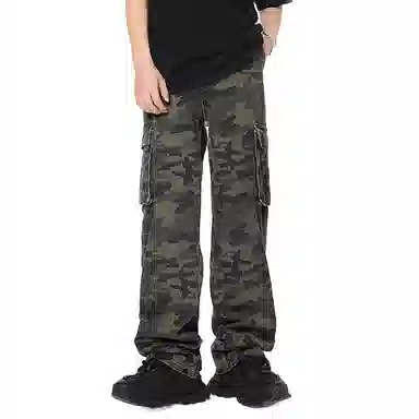 赞仕 美式复古迷彩工装拖地裤百搭高街宽松阔腿直筒加长版牛仔裤 男女同款 军绿色