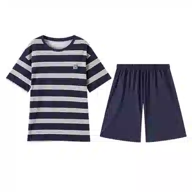 顶瓜瓜 简约条纹百搭透气柔软舒适可外穿短袖短裤睡衣套装 男款