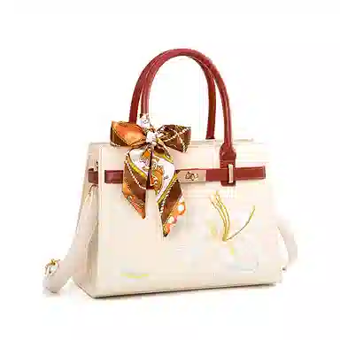 维尼奥 大气国风百合花刺绣小众大容量优雅妈妈 合成革 手提包单肩斜挎包 女款 米白色/杏色