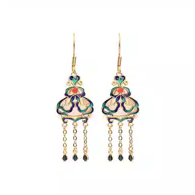 彤彤兔 国潮新中式旗袍汉服配饰珐琅彩镀金镶复古流苏 人工宝石 耳环 女款