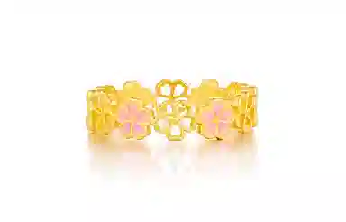 曼卡龙  桃花坞珐琅 古法喷砂工艺少女感桃花造型 足金 按克计价 黄金戒指 女款