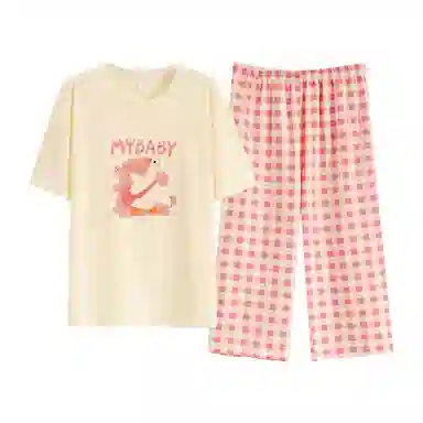 睦隆世家 短袖纯棉可外穿七分裤拉架爽棉甜美家居服睡衣套装 女款