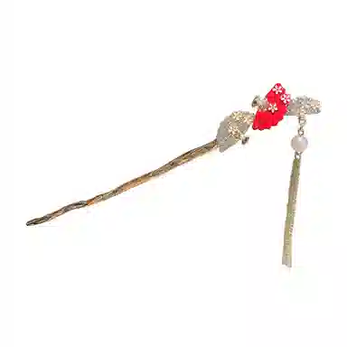 彤彤兔 国风红色可摆动步摇扇子流苏汉服 发簪 女款