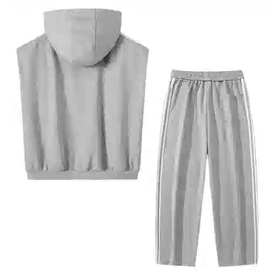 三体 连帽无袖字母印花卫衣时尚百搭直筒裤美式复古高街潮牌无性别穿搭新款舒适男士透气休闲运动套装 男女同款