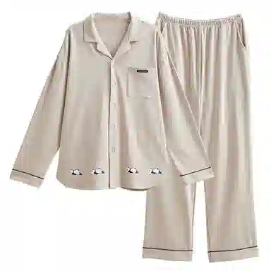 歌倩雅 熊猫印花贴袋古巴领长袖长裤可外穿睡衣套装 男款