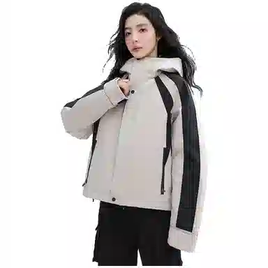 鸭鸭 拼色连帽气质时尚高级感保暖条纹撞色户外防风保暖工装羽绒服 女款