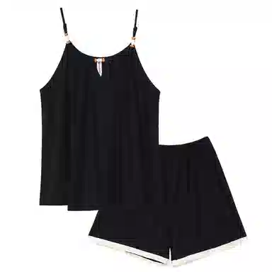 歌倩雅 纯色圆领套头无袖短裤睡衣套装 女款 黑色