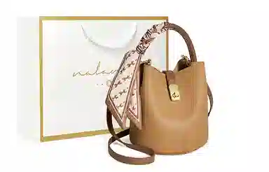 纳兰杜 小众高级感百搭潮流 牛皮 水桶包单肩斜挎包 迷你 女款 棕拼咖/大象灰