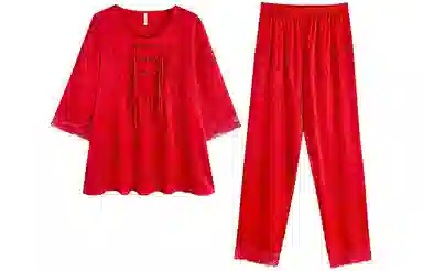 怡吾色 新中式印花圆领长袖上衣松紧腰长裤睡衣套装 女款