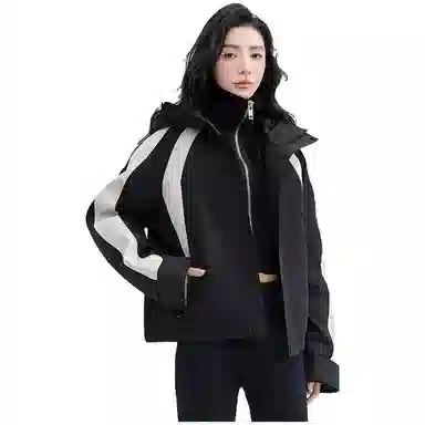 鸭鸭 拼色连帽气质时尚高级感保暖条纹撞色户外防风保暖工装羽绒服 女款