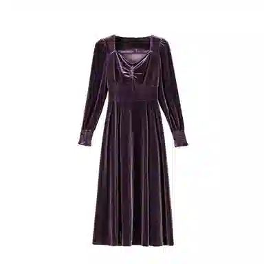 晚白 高腰方领丝绒连衣裙 女款 紫色