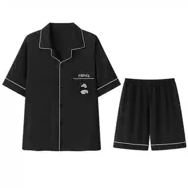 兰缪 简约休闲翻领短袖上衣松紧腰短裤睡衣套装 男款 黑色
