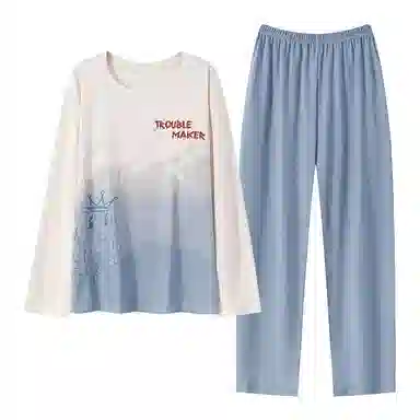 贴身领域 青少年纯棉舒适亲肤字母印花圆领可外穿长袖长裤薄款内衣家居服睡衣套装 男款