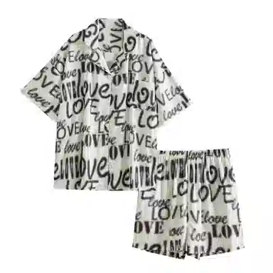 歌倩雅 翻领简约上衣松紧腰短裤睡衣套装 女款 黑白