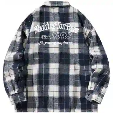 帕丁顿熊 美式字母印花宽松休闲仿毛呢多彩格纹长袖衬衫外套 男女同款