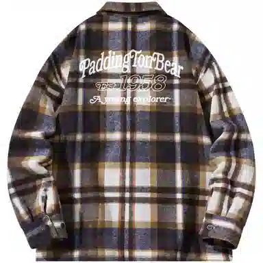 帕丁顿熊 美式字母印花宽松休闲仿毛呢多彩格纹长袖衬衫外套 男女同款