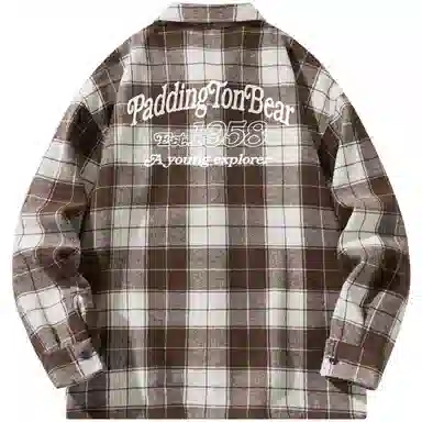 帕丁顿熊 美式字母印花宽松休闲仿毛呢多彩格纹长袖衬衫外套 男女同款