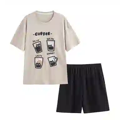 歌倩雅 宽松字母印花圆领短袖上衣松紧腰短裤睡衣套装 女款 卡其色